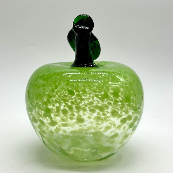 Murano Style Green Art Glass Apple Paperweight Hand Blown Bubble Spotted Leaf 5" - Picture 3 of 5